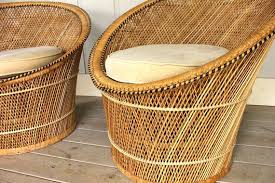 Wicker Rattan Peacock Style Pair Chairs Beige Velvet Fabric Woven Cane Retro Eclectic Boho Bohemian Beach Palm Barkcloth Wicker Wicker Tray Wicker Headboard