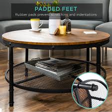 Tucson contemporary tufted leather storage ottoman table. Buy Best Choice Products 2 Tier 35 5in Round Industrial Coffee Table Rustic Steel Accent Table For Living Room W Wooden Tabletop Reinforced Crossbars Padded Feet Open Shelf Raised Bottom Brown Online In Taiwan