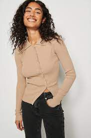 Diagonal Buttoned Knitted Cardigan Beige Na Kd Com