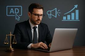 Advogado analisando estratégias de SEO local em escritório moderno