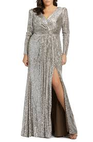 Plus Size Women S Mac Duggal Sequin Long Sleeve Gown Size 16w Metallic In 2020 Long Sleeve Gown Plus Size Prom Dresses Plus Size Evening Gown