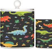 Cute Cartoon Dinosaurs Clear Plastic Container with Lid, Cotton Ball Qtip  Holder Set, Bathroom Holder Organizer, 2 Pack