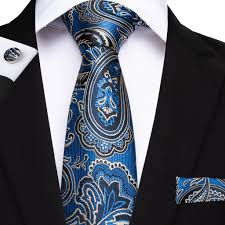 Beautiful Blue Black Paisley Tie Pocket Square Cufflinks Set