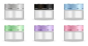 Download Round White Matt Glass Jars Set With Different Color Plastic Lids For Cosmetics Body Cream Butter Scrub Bath Salt Gel Skin Care Powder Realistic 3d Packaging Mockup Template Stock Vector
