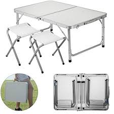 Happybuy Aluminum Folding Picnic Table With 2 Benches 4 Person Adjustable Height Portable Camping Table Folding Picnic Table Camping Table Table And Chair Sets