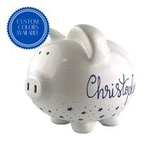 All of our 100% hand painted piggy banks come with customizable designs. Personalized Piggy Banks Brushes With A View