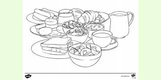 Coloring pages featuring foods including fruits, vegetables, and more. Free Breakfast Food Colouring Page Colouring Sheets
