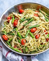 The twist in these healthy noodles comes from adding vegetables like scallions and bok choy. Easy And Delicious Asparagus Chicken Pasta Healthy Fitness Meals