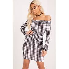 Ria Black Gingham Bardot Bodycon Dress 15 Liked On Polyvore Featuring Dresses Black Gingham Body Con Bardot Bodycon Dress Bodycon Cocktail Dress Dresses