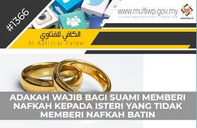 Menyediakan makan minum seorang isteri termasuklah menyediakan wang kepada isteri untuk berbelanja membeli bahan basahan di dapur. Pejabat Mufti Wilayah Persekutuan Al Kafi 1366 Adakah Wajib Bagi Suami Memberi Nafkah Kepada Isteri Yang Tidak Memberi Nafkah Batin Edisi Kemaskini