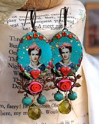 Lilygrace Frida Kahlo Cameo Earrings In Duckegg Scarlet Pink And Green With Hearts And Vintage Rhinestones Handcraft Cameo Earrings Frida Kahlo