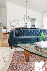 Blue Couch Velvet Quilted Tufted Vintage Chic Interior Design Boho Glam Bohemian Living Decor Home Decor Trends Living Room Decor