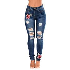 Fedulk Womens Stretch Jeans Classic High Waist Hole Floral