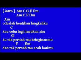intro am am d em em verse em tak pernah lepas am kau dalam ingatanku d tak pernah bisa g aku melupakanmu c ku jatuh cinta am pada orang yang salah b em kau kekasih sahabatku d rinduku ini bagaikan g di ujung hati am cinta ini bagai b ilusi yang tak bertepi. Kunci Gitar Gigi Terbang