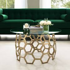 Exclusively at the home depot classic round nesting coffee tables nest when not in use. Inspired Home Janina Round Coffee Table Clear Glass Top Geometric Hexagon Metal Frame Modern Gold Walmart Com Walmart Com