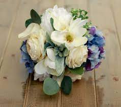 Eternal blooms with dried artificial flowers. Magnolia Hydrangea French Blue And Cream Wedding Bouquet Hydrangea Bouquet Wedding Silk Wedding Bouquets Cream Wedding Bouquet