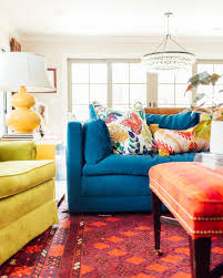 Colorful Living Room Blue Sofa Orange Ottoman Yellow Chair Red Area Rug And Multi Colored Colourful Living Room Decor Boho Dining Room Living Room Decor