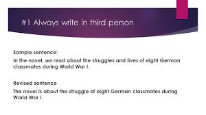 Computer or paper and pen. Writing Conventions For Academic Essays 1 Always Write In Third Person Sample Sentence In The Novel We Read About The Struggles And Lives Of Eight Ppt Download