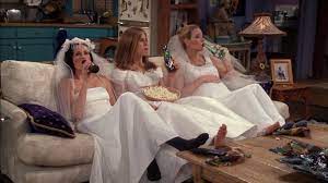 One Of The Best Scenes Of Friends Monica Rachel And Phoebe In Wedding Dresses Favorite Tv Show Ever Friends Scenes Friends Moments Friends Tv