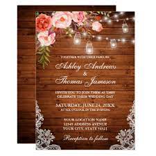 Rustic Wedding Wood Lights Jars Lace Coral Floral Invitation Zazzle Com Floral Wedding Invitations Rustic Wedding Wedding Invitations Rustic