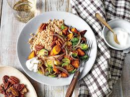 Farro Bowl With Curry Roasted Sweet Potatoes And Brussels Sprouts Recipe Recipe Brussels Sprouts Recipe Brussel Sprouts Roasted Sweet Potatoes
