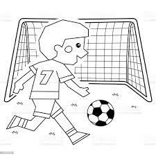 Vetores De Esboco De Pagina De Coloracao De Um Garoto De Desenho Animado Com Uma Bola De Futebol E Gol De Futebol Livro De Colorir Para Criancas E Mais Imagens De Pagina