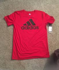 Black And Red Adidas T Shirt Originally 20 Make Me An Offer Red Polyester T Shirt With Black Adidas Logo On The Front Red Adidas Shirts Adidas Tops