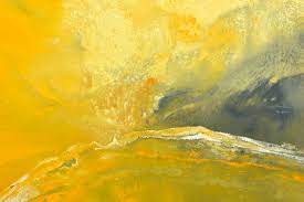 Think about how the abstract patterns relate to the realism of the sheep. Yellow Abstract Art Painting With Melon Yellow Accents And Grey Highlights