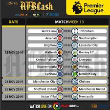 Epl Fixtures Timetable 2019 2020 Matchday 13 Premier League League Schedule Sports Betting