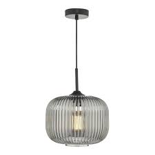 The neptune pendant ceiling light is made up of hexagonal glass panels which are framed by antique brass finished steel. Modern Black And Smoked Ribbed Glass Ceiling Pendant Light