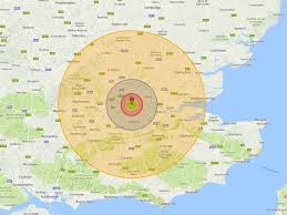 Red circle = total destruction (radius 35 kilometers). The Map That Shows What Would Happen If A Nuclear Bomb Fell On Your City The Independent The Independent