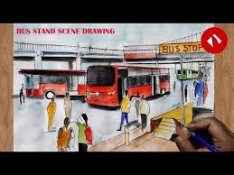 A bus is a large vehicle designed to carry passengers by road. Bus Stand Drawing With Watercolors Bus Stop Drawing Easy Youtube Bus Stand Bus Stop Easy Drawings