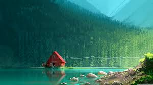 House By The Lake Drawing 4k Wallpaper Deer and trees, deer in forest during sunset, drawing, animals. house by the lake drawing 4k wallpaper
