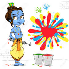 illustration of baal krishna playing holi with colors and