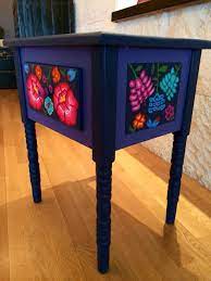 Constructed of solid oak, hand painted with black & white flourishes, stripes. Hand Painted Mexican Table Mexican Furniture Painted Furniture Painting Furniture Diy
