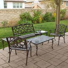 Vintage Cast Aluminum Patio Furniture Chaise Lounge With 2 Chairs And Bench On Stamped Concrete Floor Patio For Backyard Aluminum Patio Furniture Patio Furniture Chaise Lounge Cheap Patio Furniture