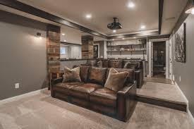 Copper Creek Theater With Rustic Home Theater Also Basement Black Wall Sconce Brown Fur Pillow Carpet Home Bar Leather Couch Media Room Projector Recessed Lighting Wood Siding Finefurnished Com Wall sconces or lighting sconces brighten your space with modern appeal.