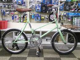 中古自転車 bruno ブルーノ road mixte ロード ミキスト ミニベロ 小径車 20インチ 2 8段変速 クロモリ カンチブレーキ ウッドワイヤーラック付き タイヤ新品 ライトグリーン ミニベロ クロモリ 自転車