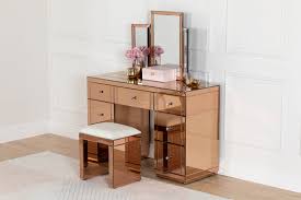 Monroe Dressing Table Set With Mirrored Stool And Tri Fold Mirror In Rose Gold 479 00 Mirrored Furniture Dressing Table Set Mirrored Bedroom Furniture