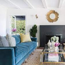 Alyssa Rosenheck Blue Velvet Couch On Diamond Pattern Jute Rug Living Room Designs Living Room Inspo Blue Living Room