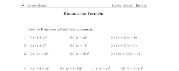 Binomische formel (a + b)·(a + b) = a² + 2·a·b + b². Aufgaben Binomische Formeln Mit Losungen Koonys Schule 3120