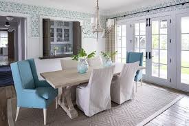 The most common dining room trestle material is wood & hardboard. Trestle Dining Table With Blue Wingback Chairs Transitional Dining Room