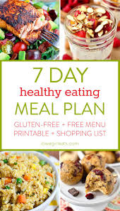 7 Day Healthy Eating Meal Plan With Gluten Free Breakfast Lunch Dinner And Snack Recipes Plus Healthy Eating Meal Plan Healthy Eating Healthy Eating Recipes