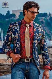 Denim Blaue Blazer Mit Blumen Stickerei Mario Moreno Moyano Mode Elegante Hommes Veste Costume Homme Mariage