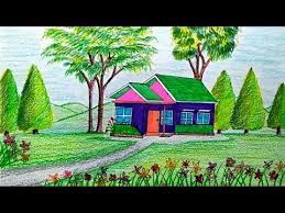 How To Draw A Beautiful House Step By Step Pastel Landscape Scenery Drawing For Kids Easy Scenery Drawing