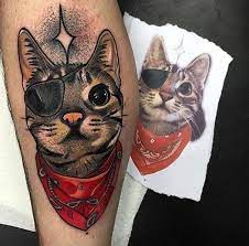 Neo Traditional Style Colored Leg Tattoo Of Funny Cat With Eye Patch Pirate Cat Tattoo Cat Tattoo Tattoos