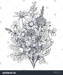 Hand drawn seamless black and white pattern with hummingbirds and flowers. Vector Floral Bouquets With Black And White Hand Drawn Herbs And Wildflowers In Sketch Style Flower Drawing Design Flower Drawing Wildflower Drawing