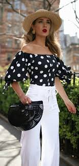 Black And White Polka Dot Dress Off The Shoulder My Favorite White Denim For Summer Black And White Polka Dot Off The Shoulder Top White Flare Raw Hem Denim Jea Fashion Casual Style Outfits Summer Fashion