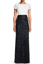 Adrianna Papell Black And White Sequin Colorblock Gown Poshare Sequin Beaded Two Tone Colorblock Gown Guest Outfit Wedding Guest Outfit Black And White Gown