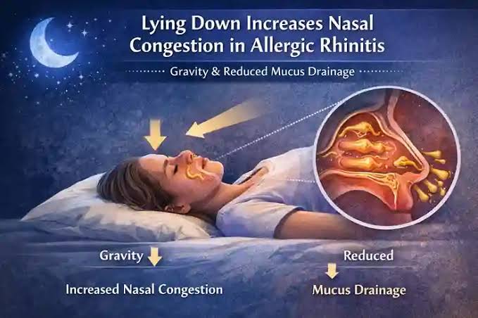 Nasal congestion and gravity exacerbating airway resistance overnight, AI generated